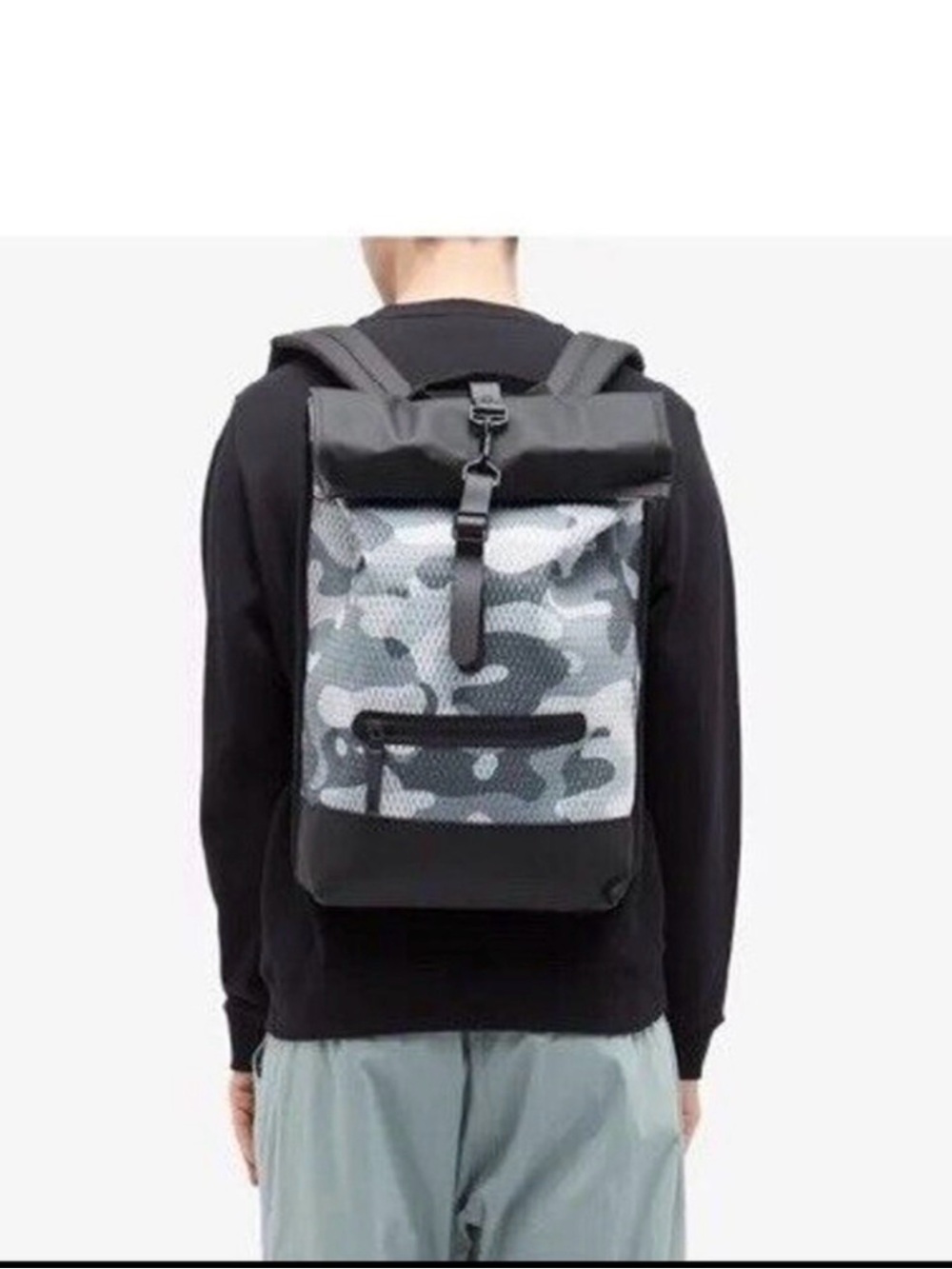 Rains Unisex Roll-Top Backpack- Rucksack in Grey, white and Black Camo